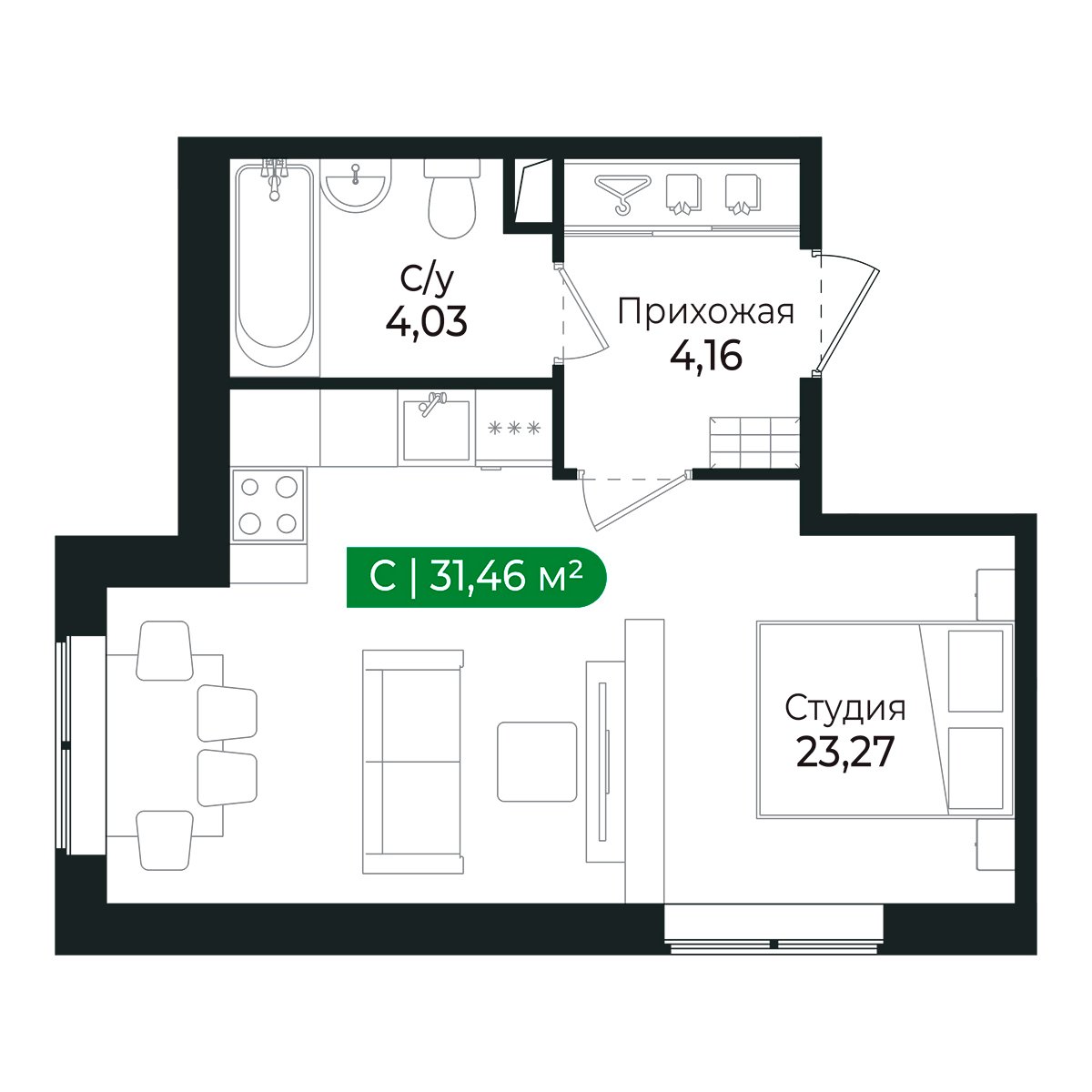 Планировка: студия, 31,4 м²