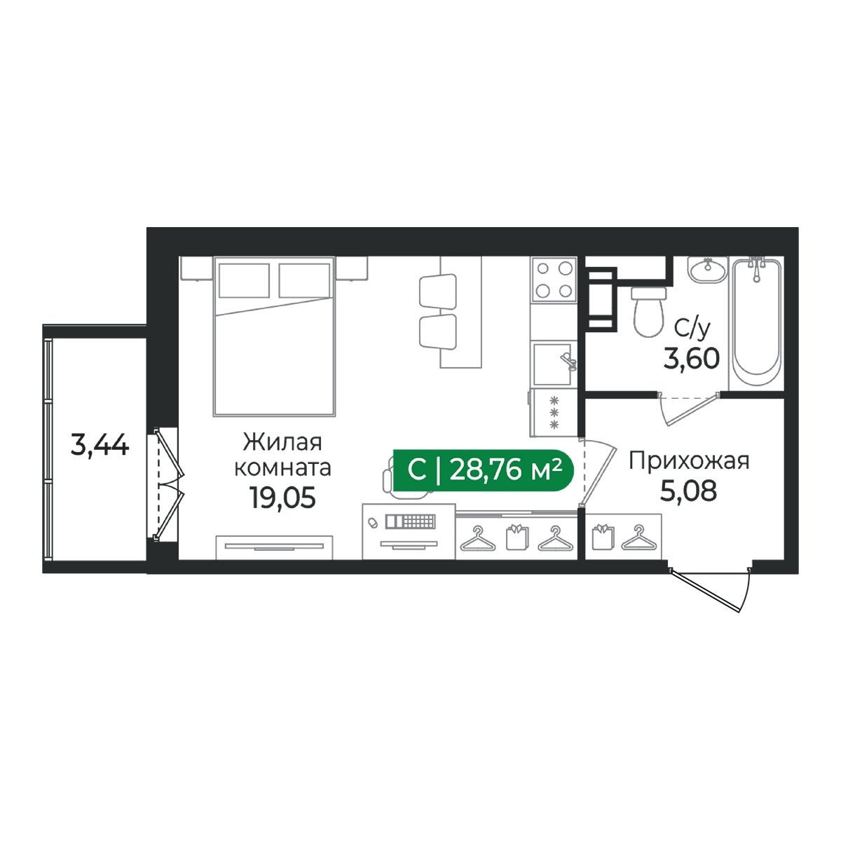 Планировка: студия, 28,8 м²