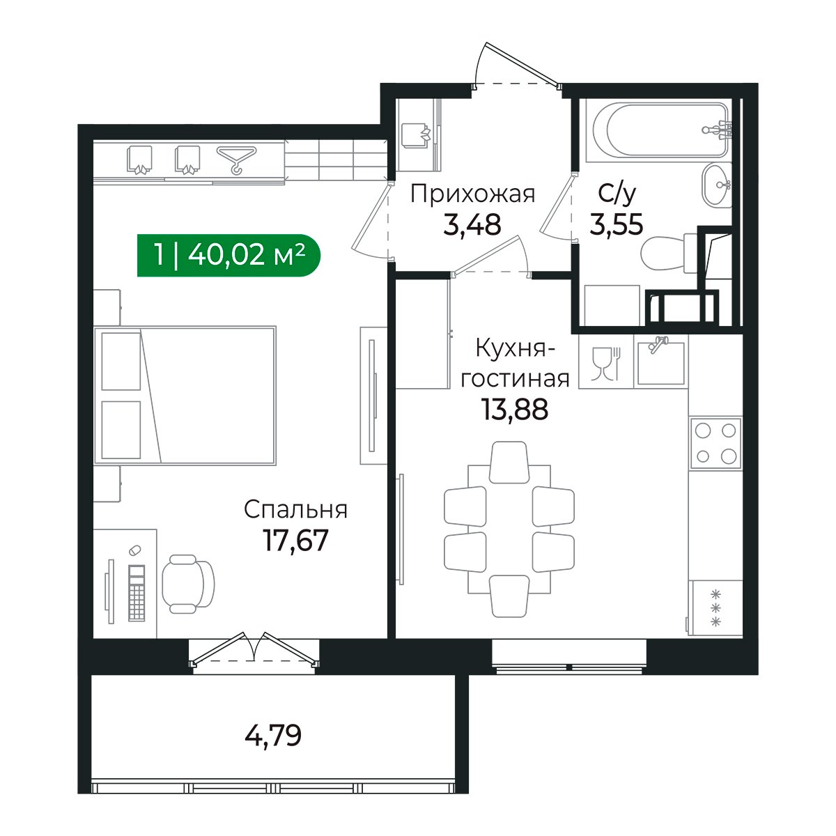 Планировка: 1-комнатная квартира, 38,2 м²