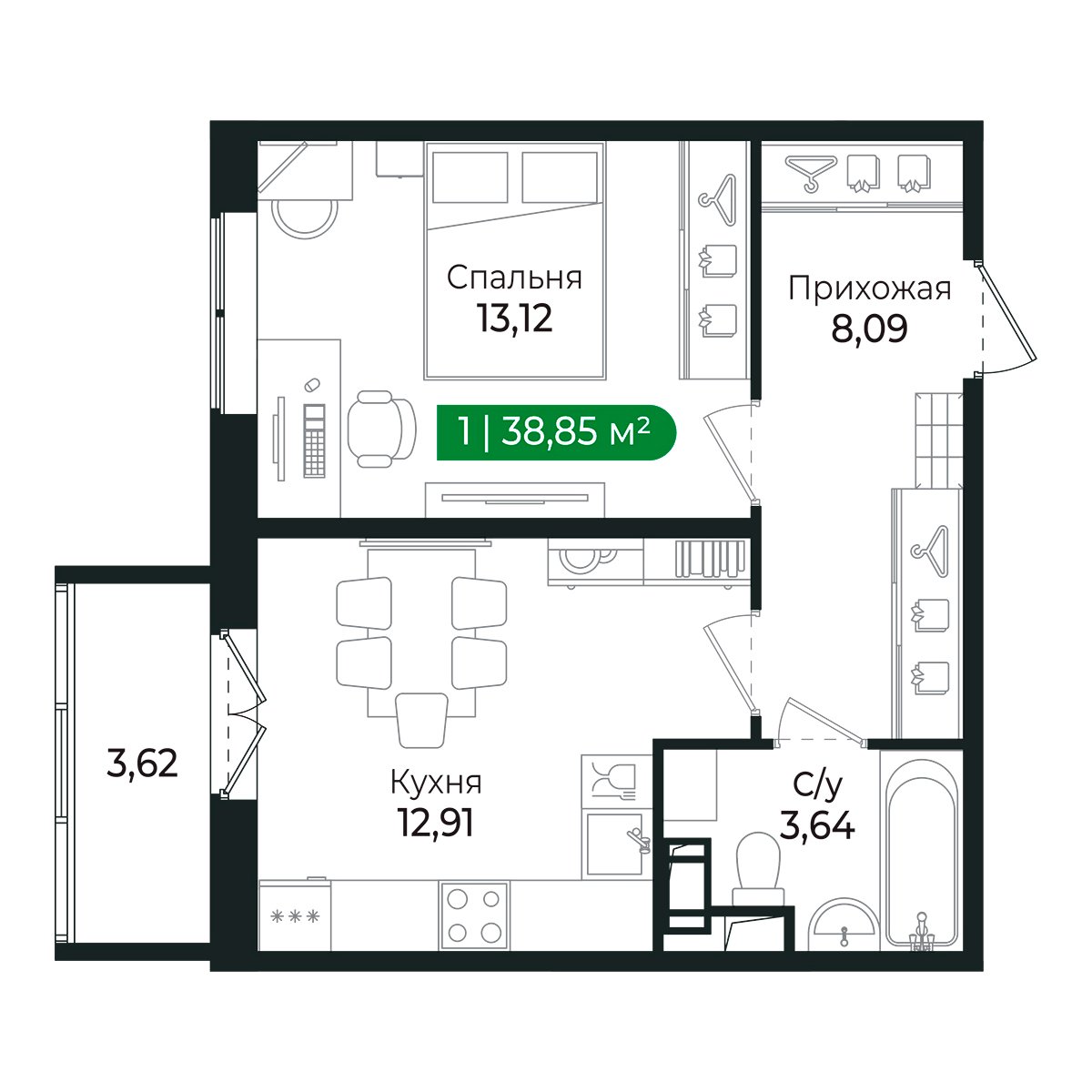 Планировка: 1-комнатная квартира, 37,7 м²