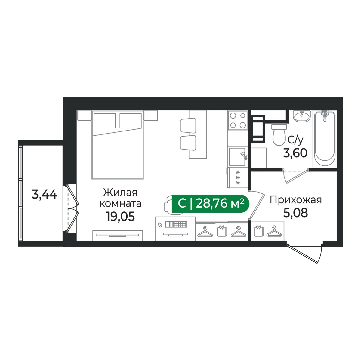 Планировка: студия, 28,8 м²