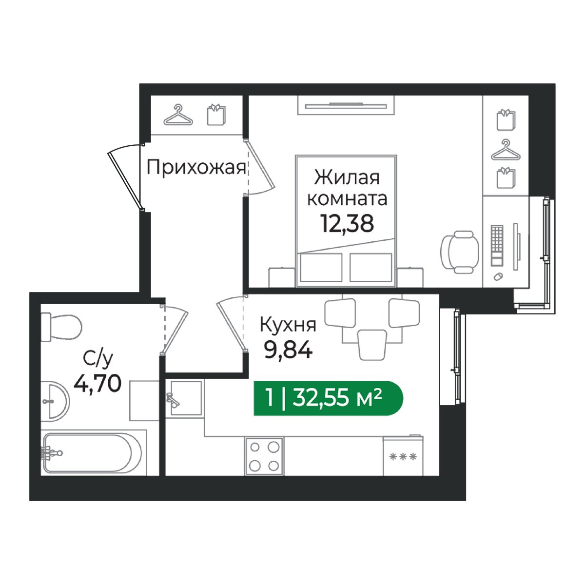 Планировка: 1-комнатная квартира, 32,6 м²