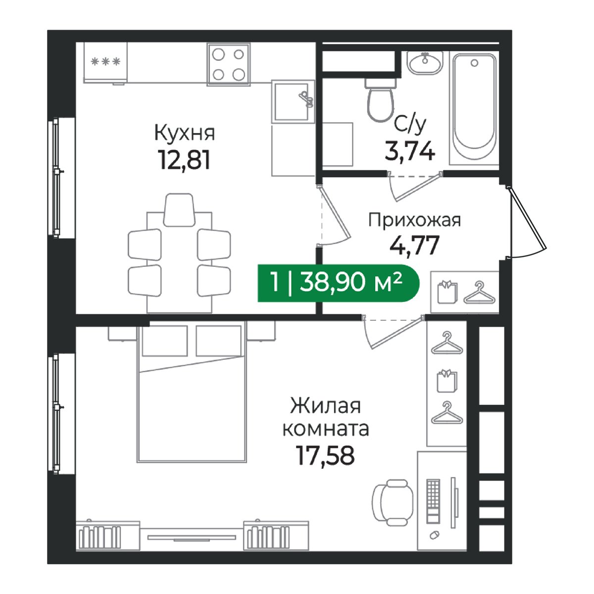 Планировка: 1-комнатная квартира, 38,9 м²