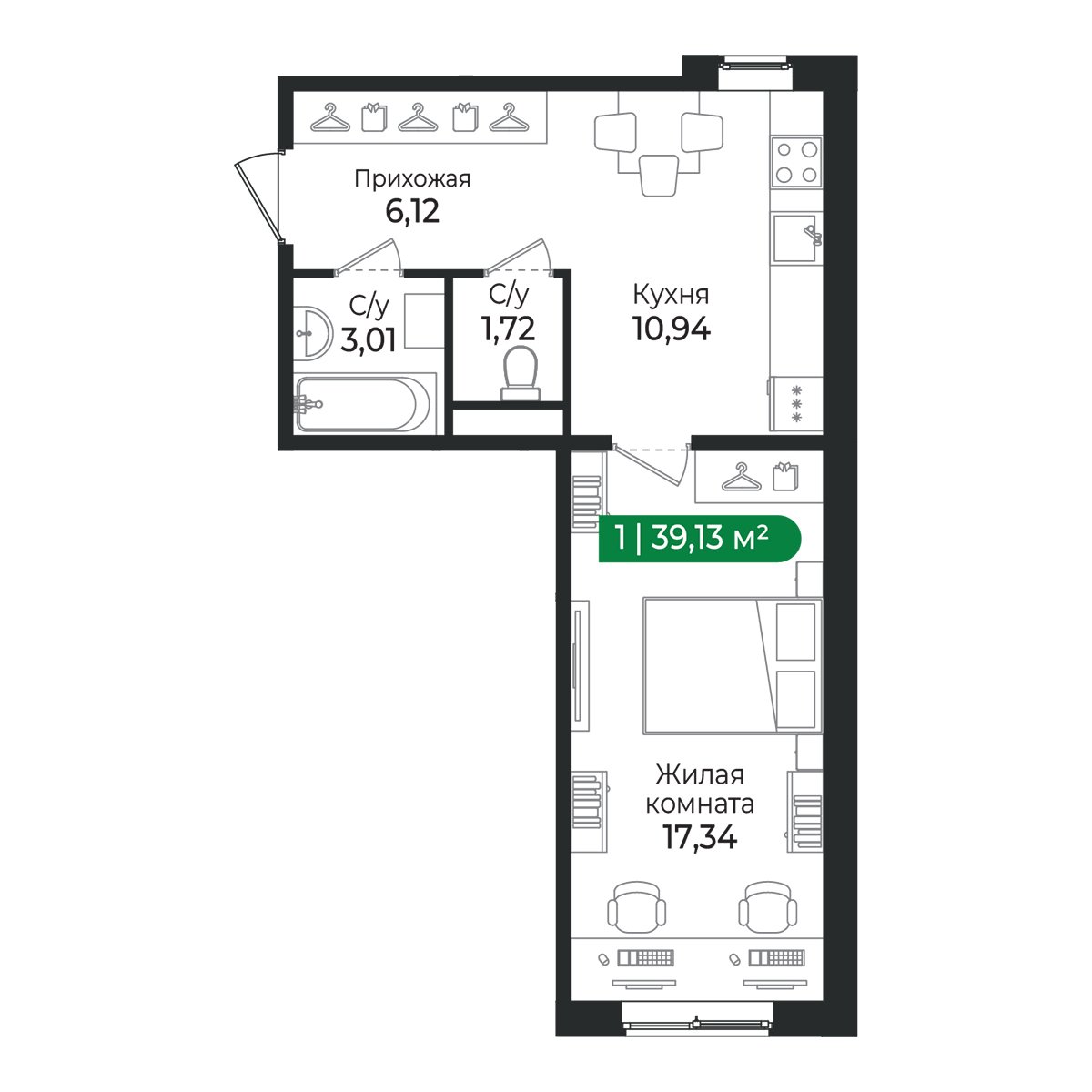 Планировка: 1-комнатная квартира, 39,1 м²
