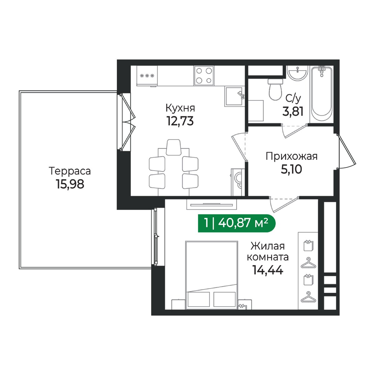 Планировка: 1-комнатная квартира, 40,9 м²