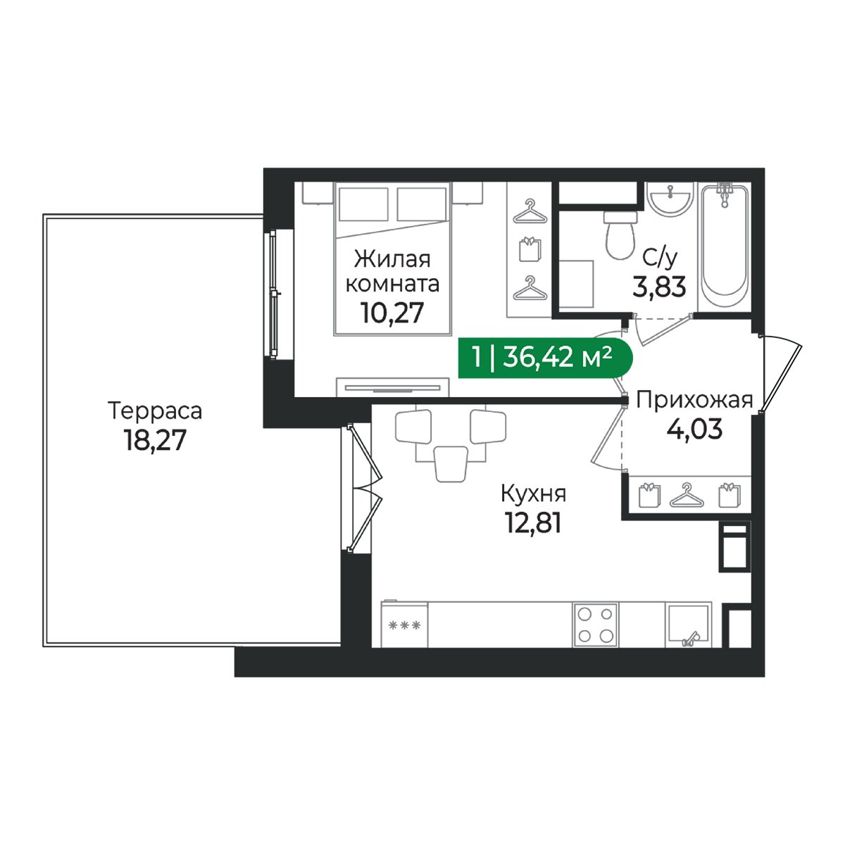 Планировка: 1-комнатная квартира, 36,4 м²