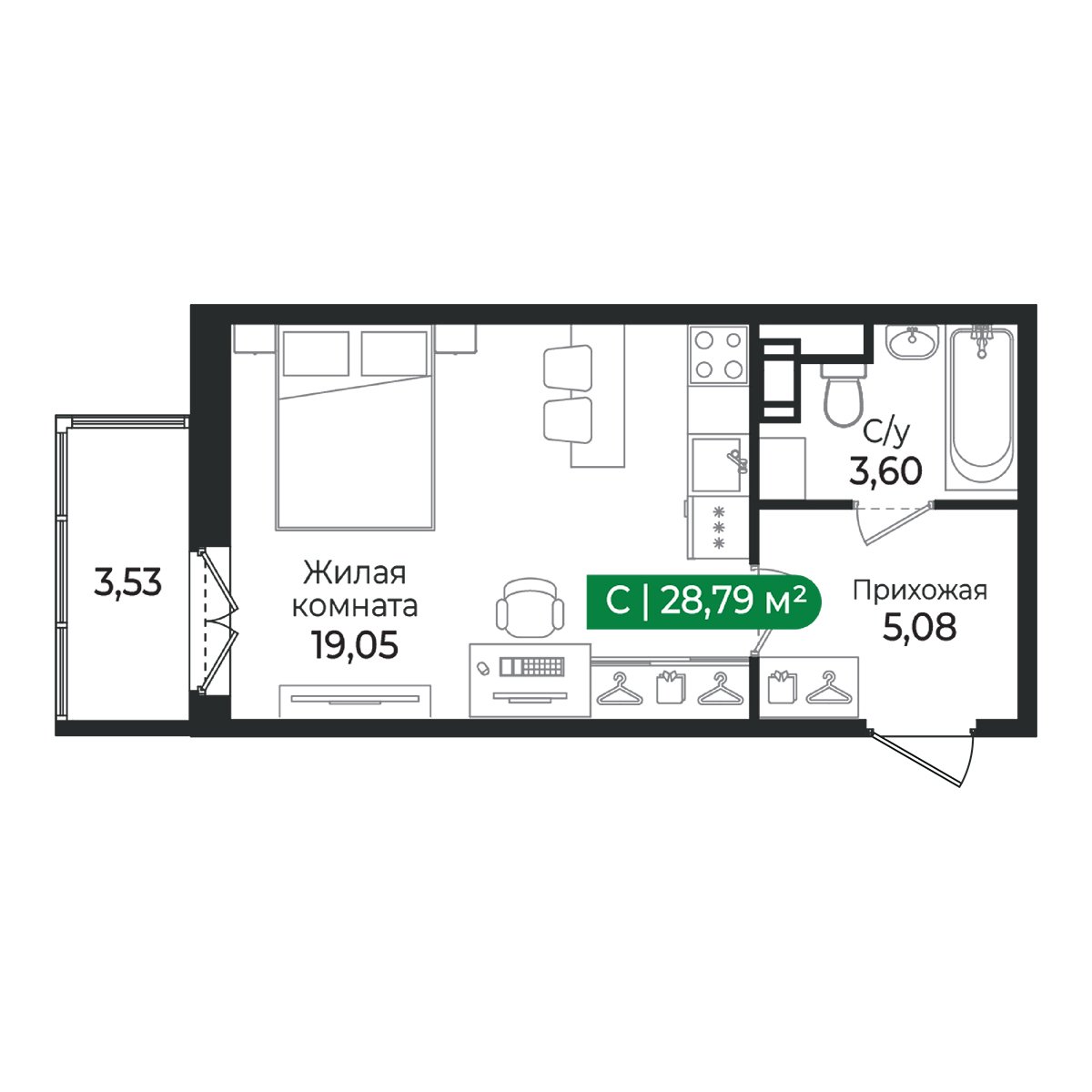 Планировка: студия, 28,8 м²