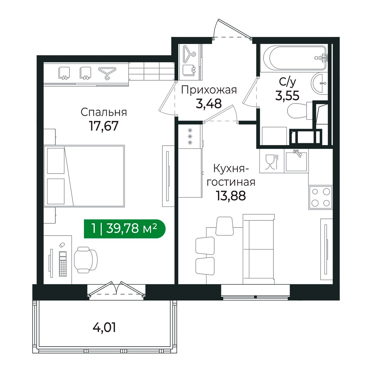 Планировка: 1-комнатная квартира, 38,5 м²