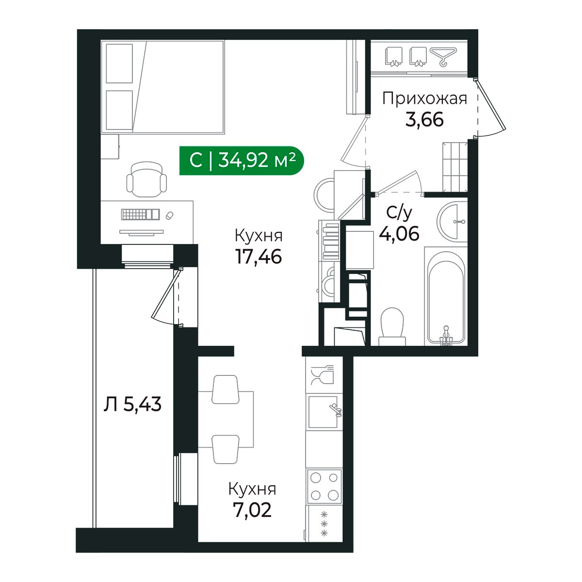 Планировка: студия, 31,7 м²