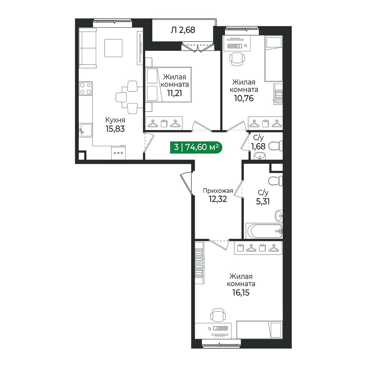 Планировка: 3-комнатная квартира, 74,6 м²