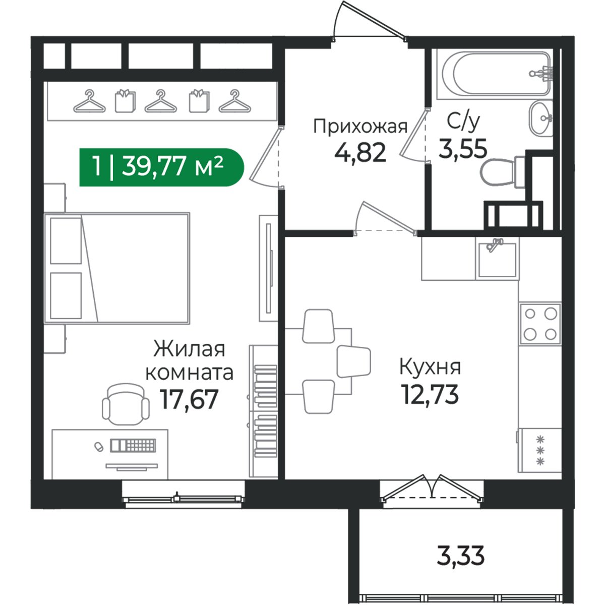 Планировка: 1-комнатная квартира, 39,8 м²