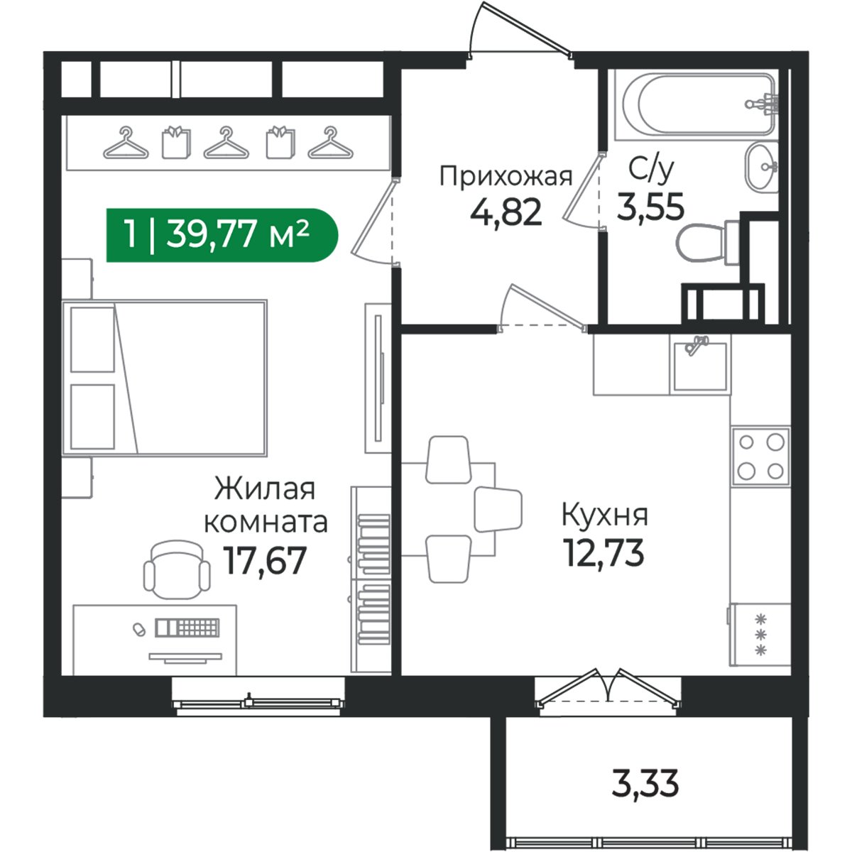 Планировка: 1-комнатная квартира, 39,8 м²