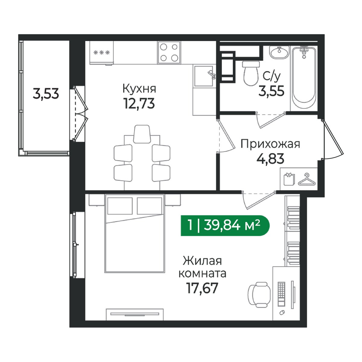 Планировка: 1-комнатная квартира, 39,8 м²