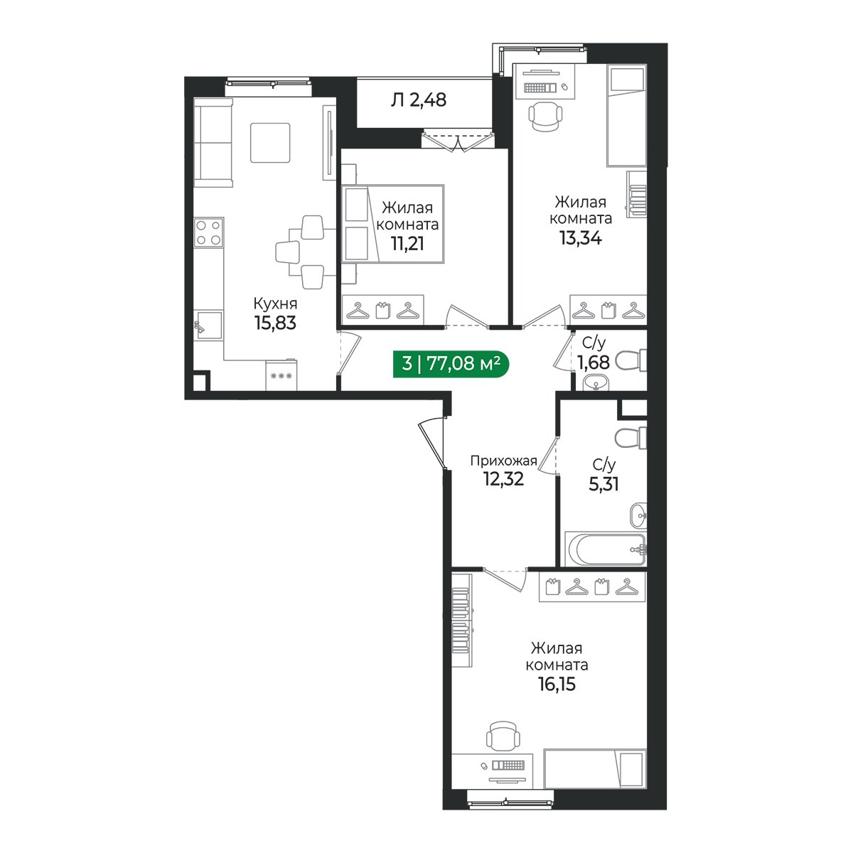 Планировка: 3-комнатная квартира, 77,1 м²
