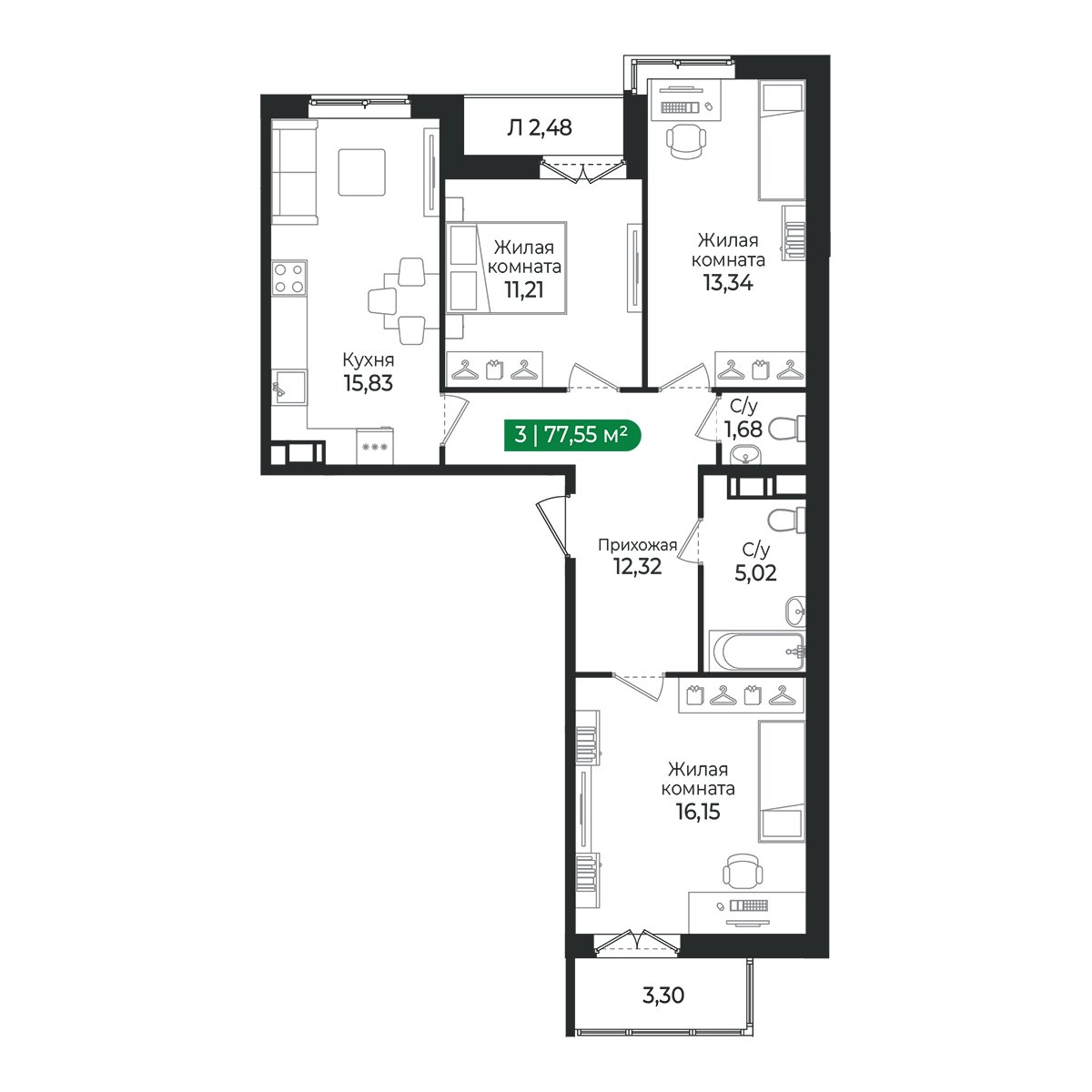 Планировка: 3-комнатная квартира, 77,6 м²