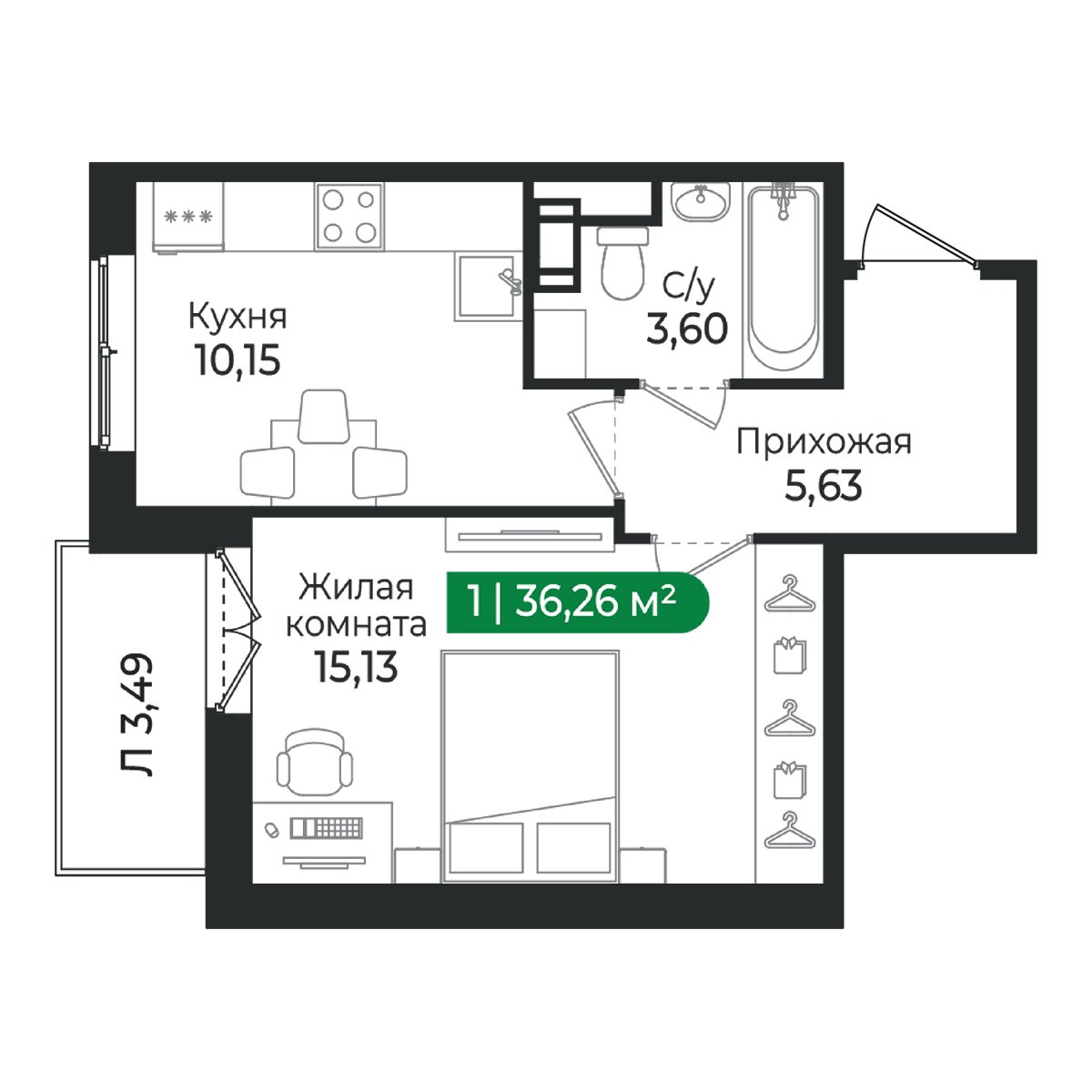 Планировка: 1-комнатная квартира, 36,3 м²