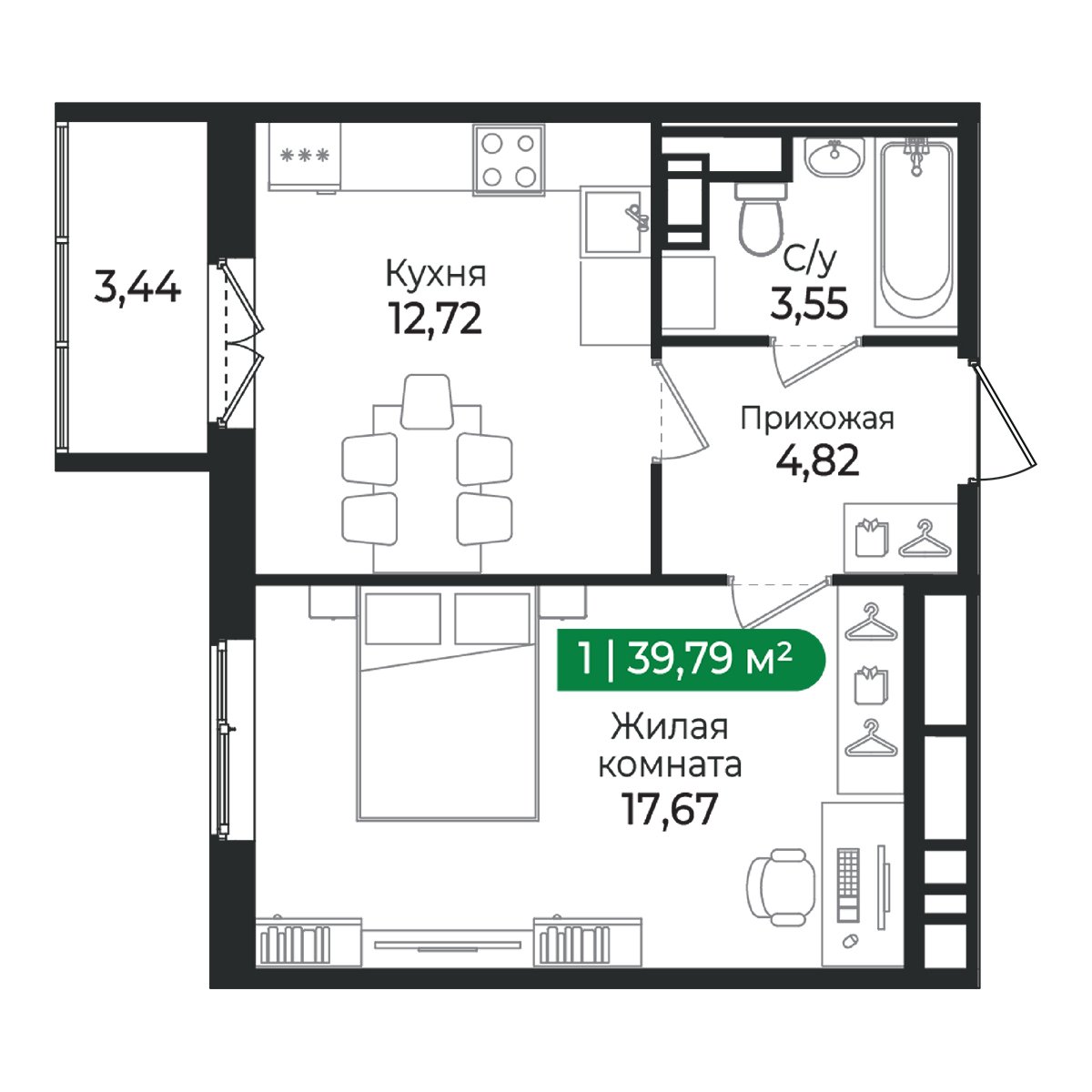 Планировка: 1-комнатная квартира, 39,8 м²