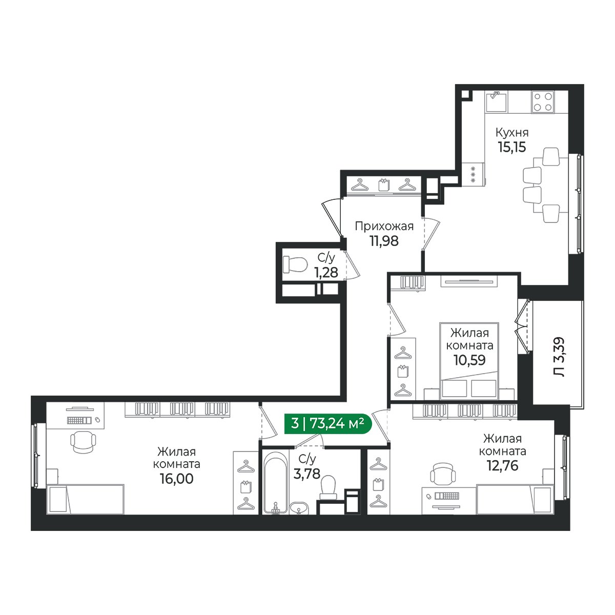 Планировка: 3-комнатная квартира, 73,2 м²