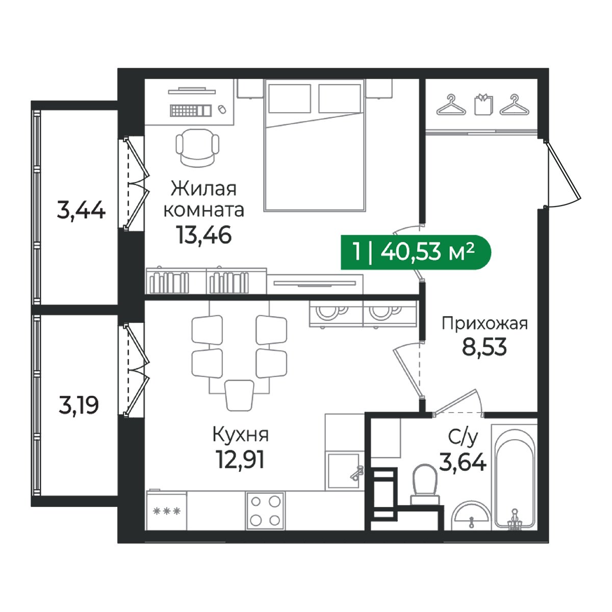 Планировка: 1-комнатная квартира, 40,5 м²