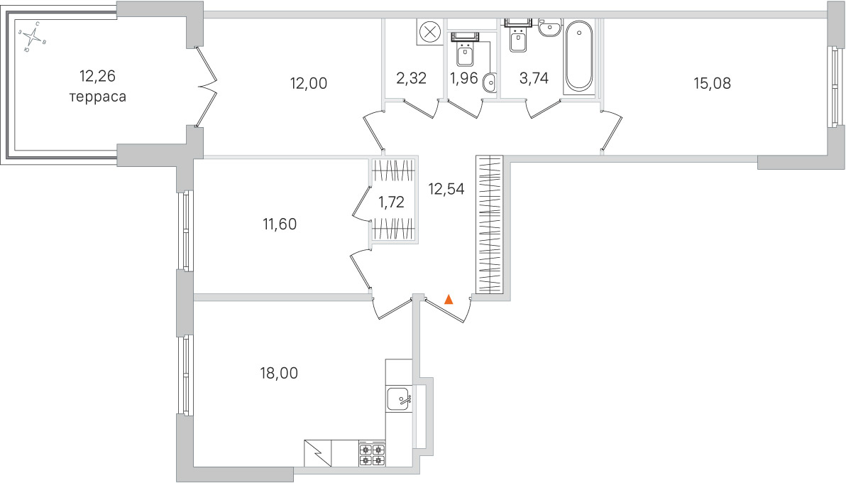 Планировка: 3-комнатная квартира, 79,0 м²