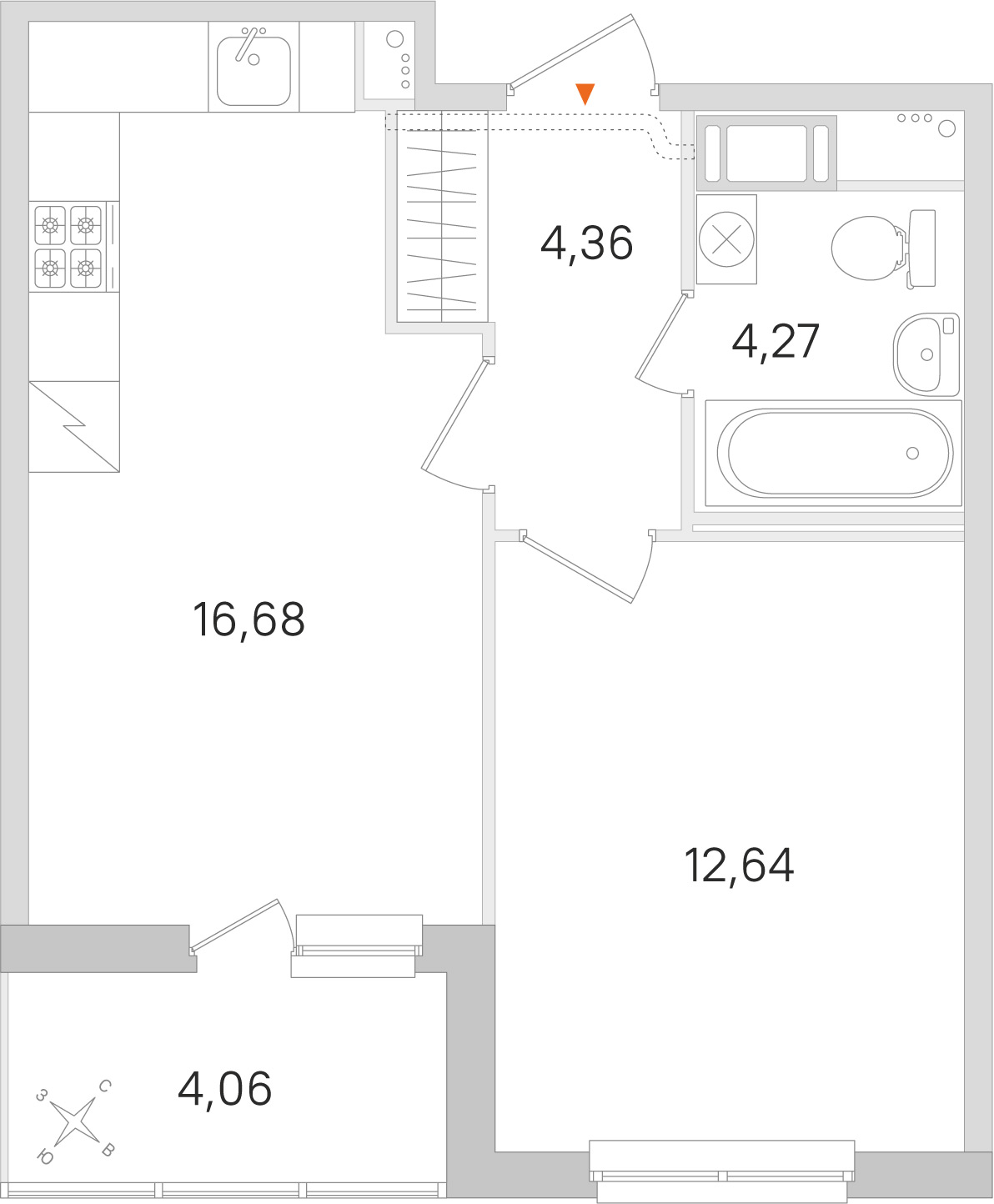 Планировка: 1-комнатная квартира, 38,0 м²