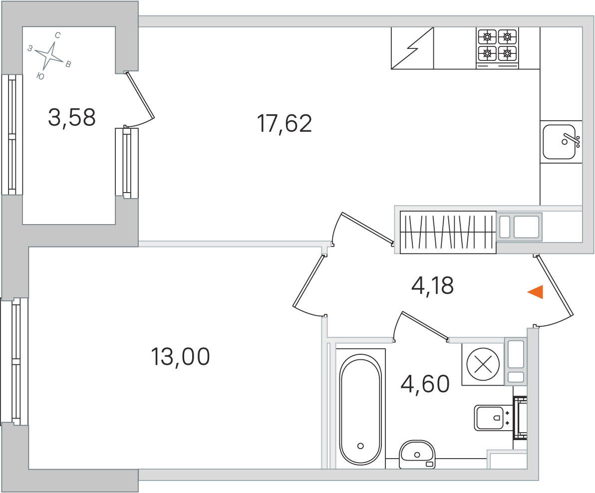 Планировка: 1-комнатная квартира, 39,4 м²