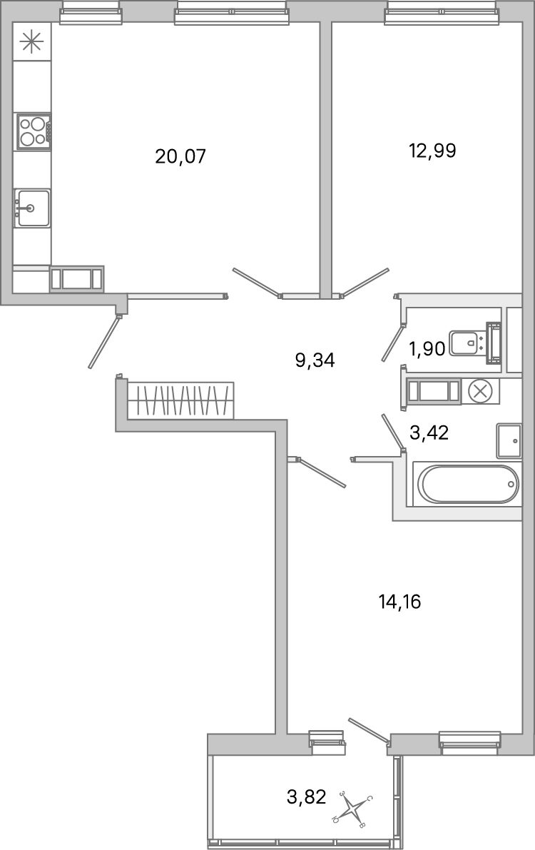 Планировка: 2-комнатная квартира, 61,9 м²