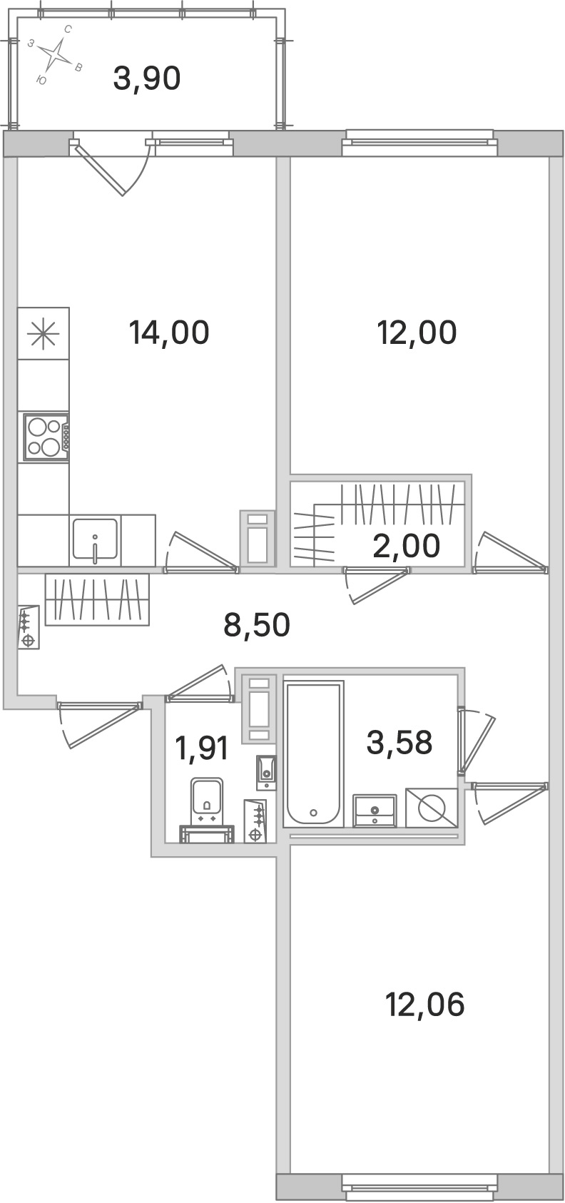 Планировка: 2-комнатная квартира, 54,1 м²