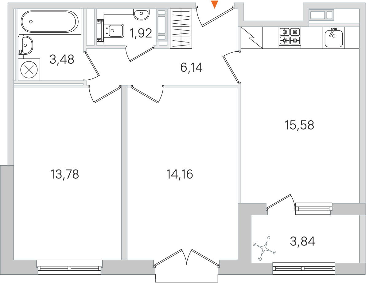 Планировка: 2-комнатная квартира, 55,1 м²