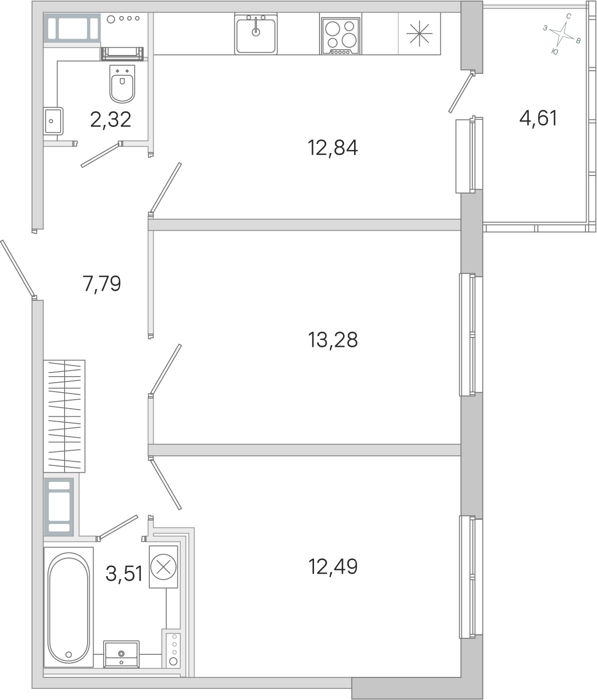 Планировка: 2-комнатная квартира, 52,2 м²