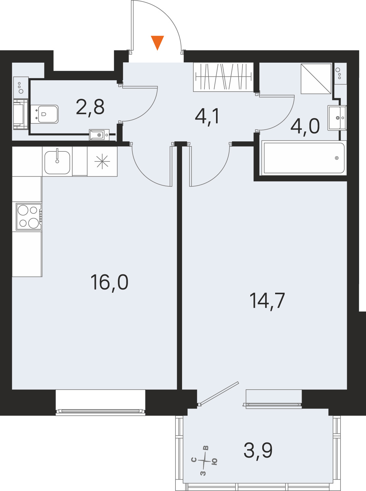 Планировка: 1-комнатная квартира, 41,6 м²