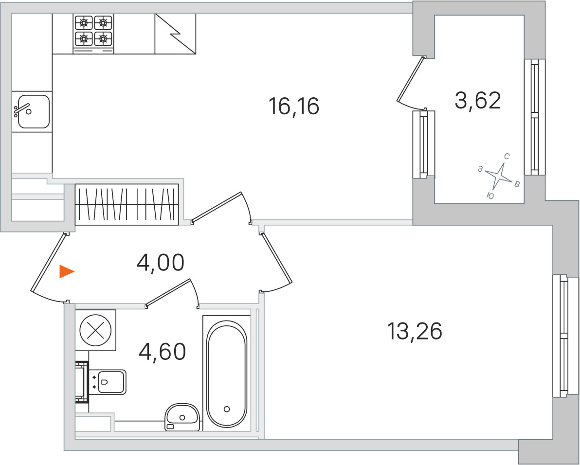 Планировка: 1-комнатная квартира, 38,0 м²