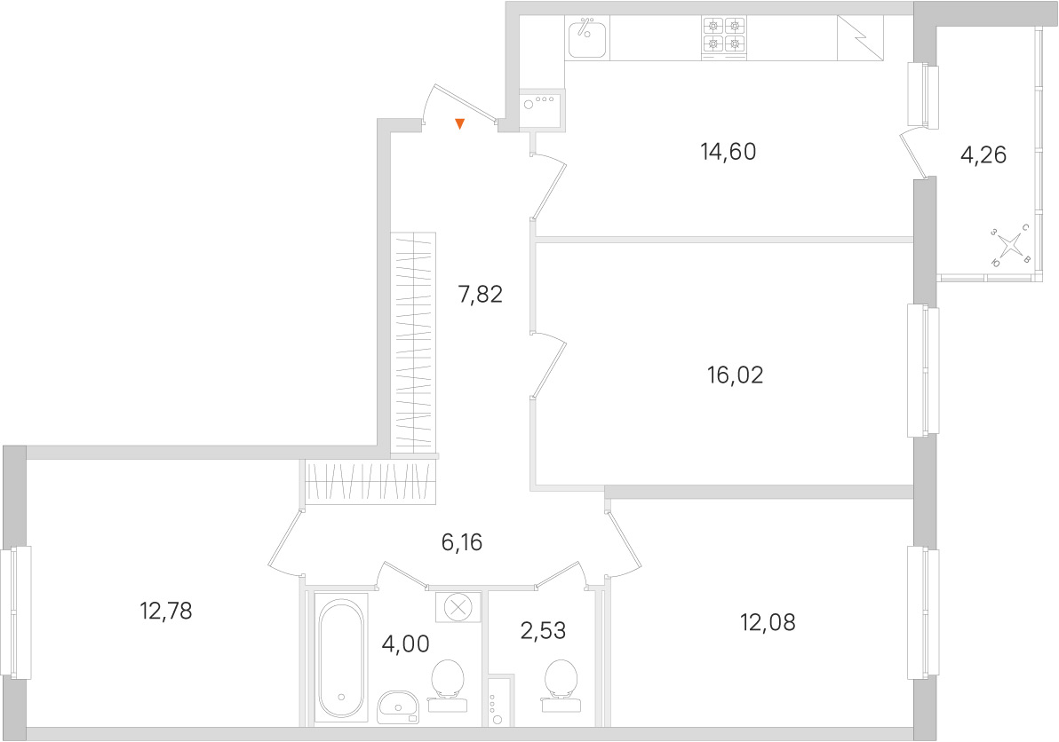 Планировка: 3-комнатная квартира, 76,0 м²