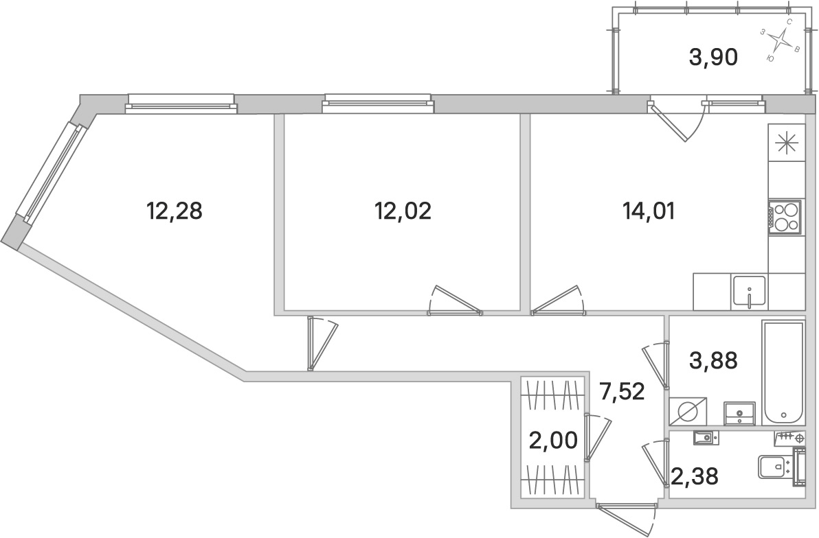 Планировка: 2-комнатная квартира, 54,1 м²
