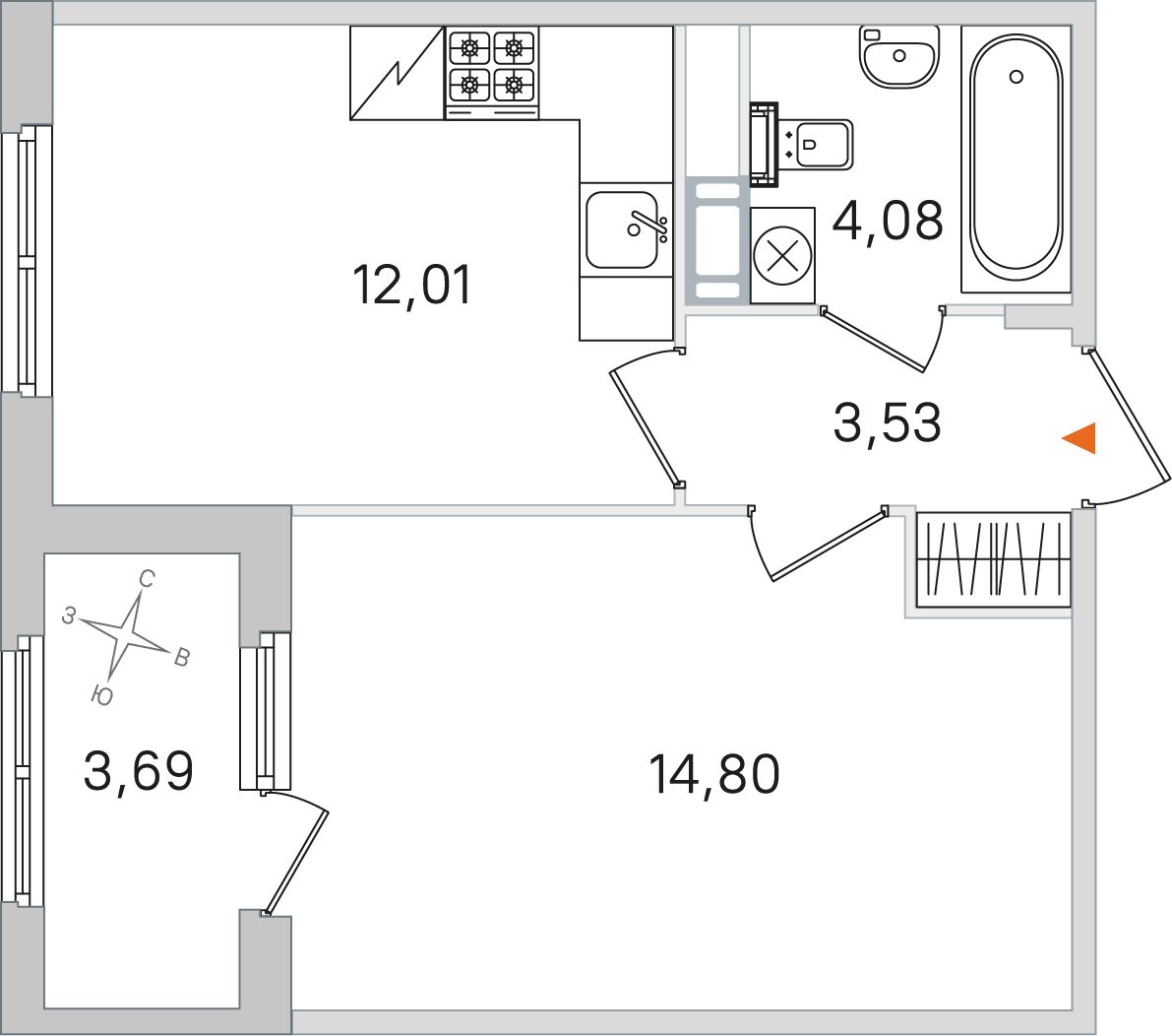 Планировка: 1-комнатная квартира, 34,4 м²