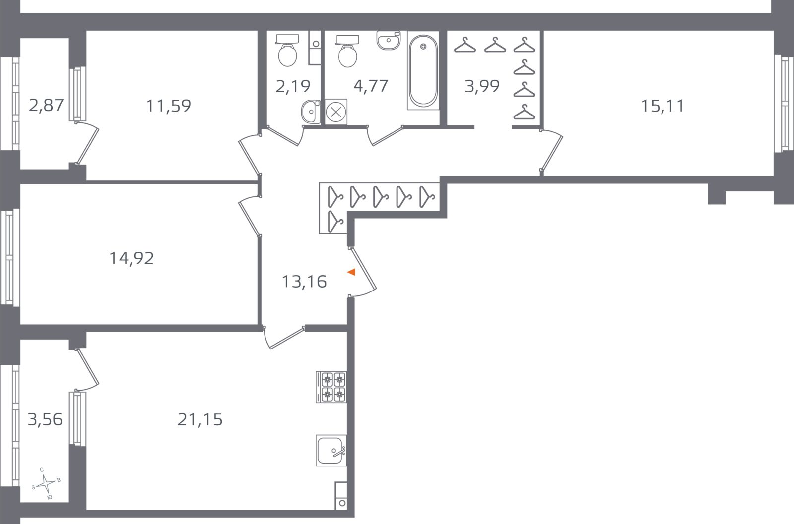 Планировка: 3-комнатная квартира, 86,9 м²