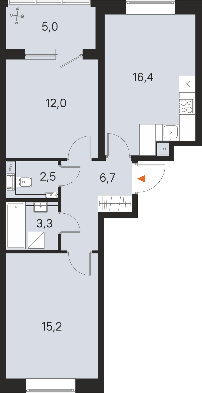 Планировка: 2-комнатная квартира, 56,1 м²