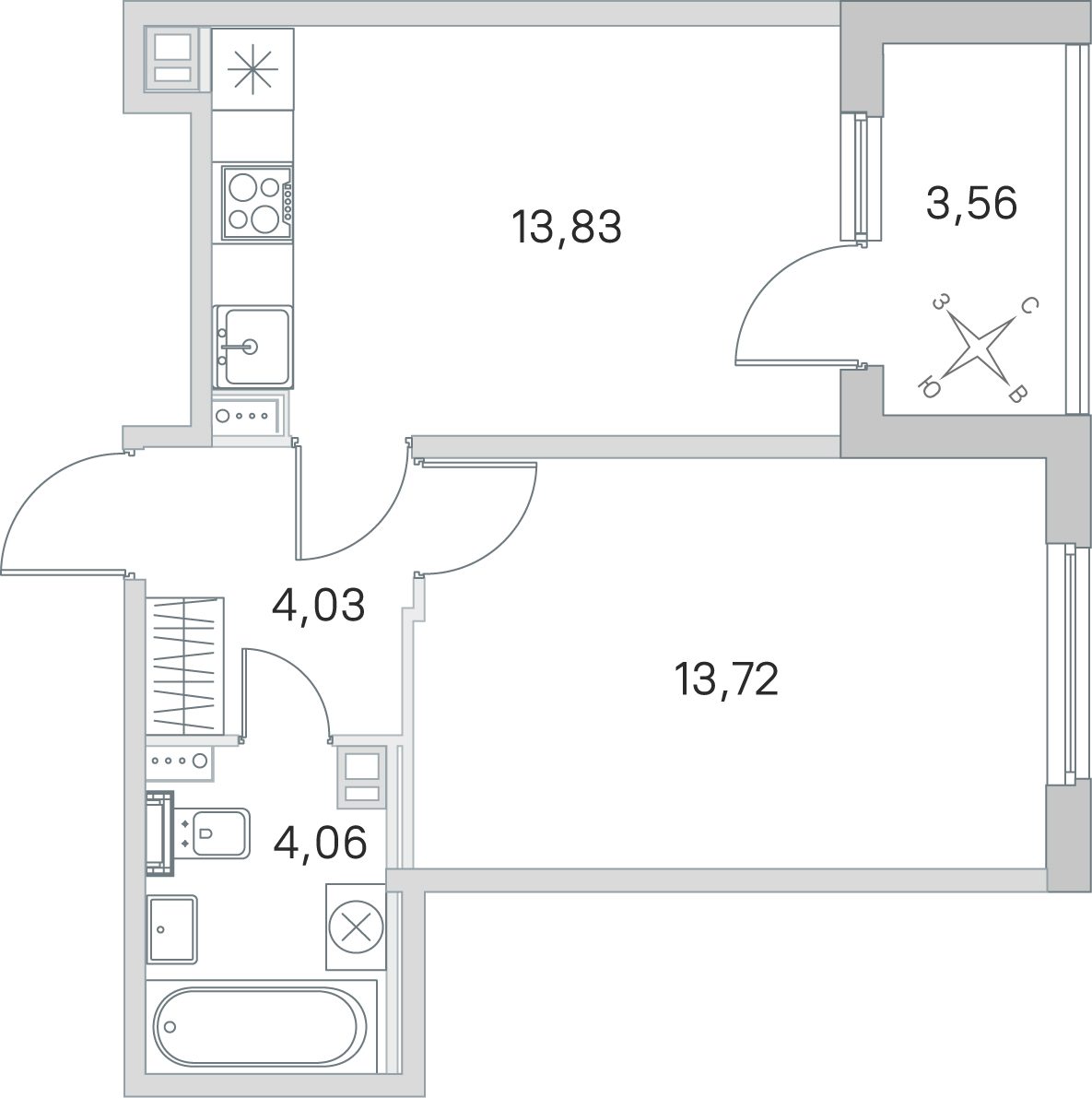 Планировка: 1-комнатная квартира, 35,4 м²
