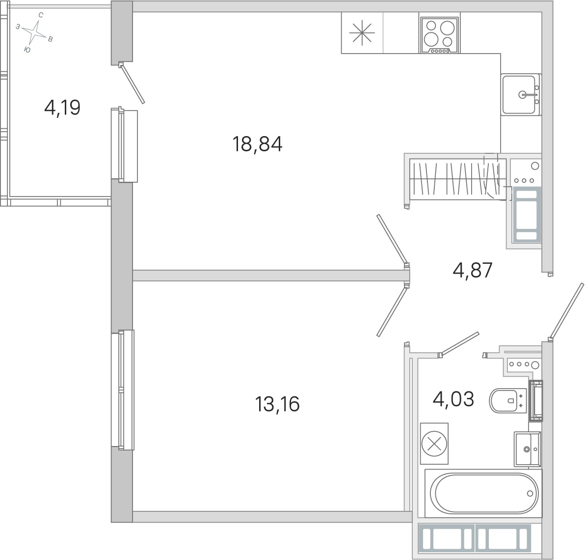 Планировка: 1-комнатная квартира, 40,9 м²