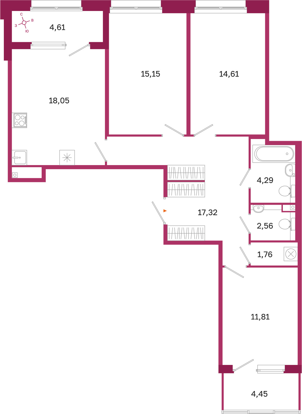 Планировка: 3-комнатная квартира, 85,5 м²