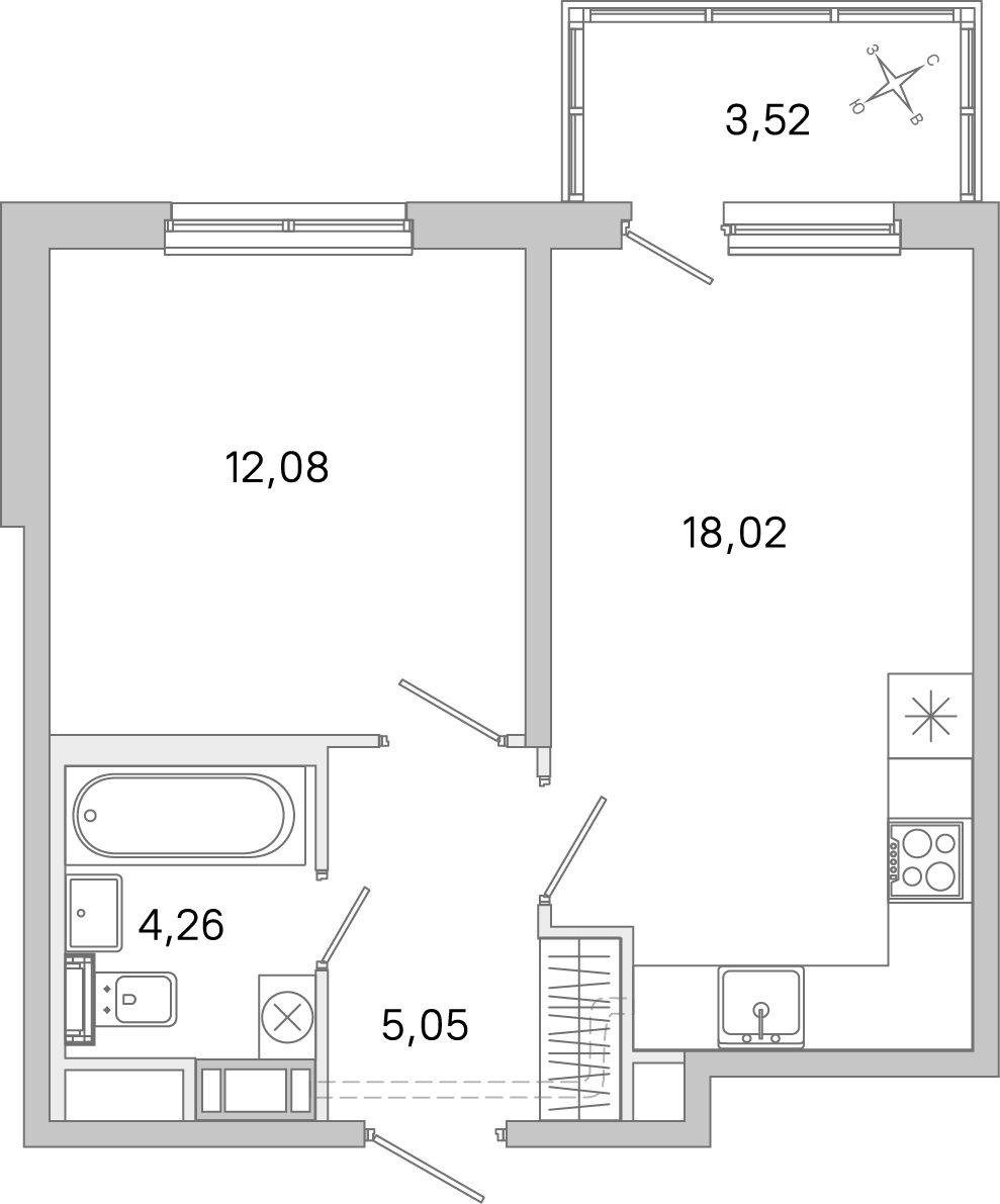 Планировка: 1-комнатная квартира, 39,4 м²