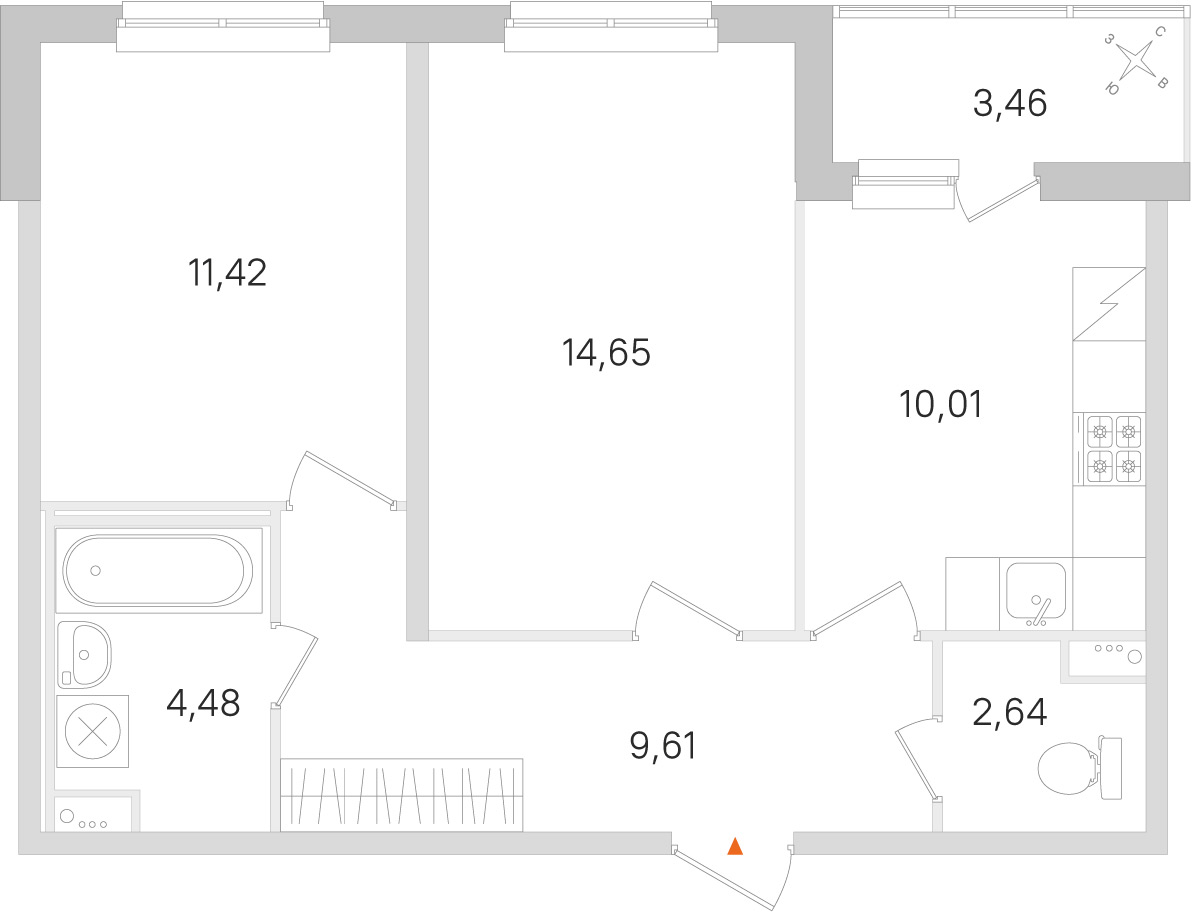 Планировка: 2-комнатная квартира, 52,8 м²