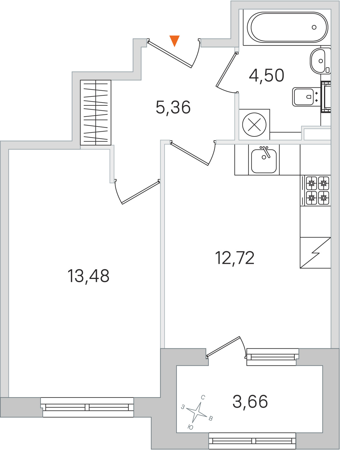 Планировка: 1-комнатная квартира, 36,1 м²