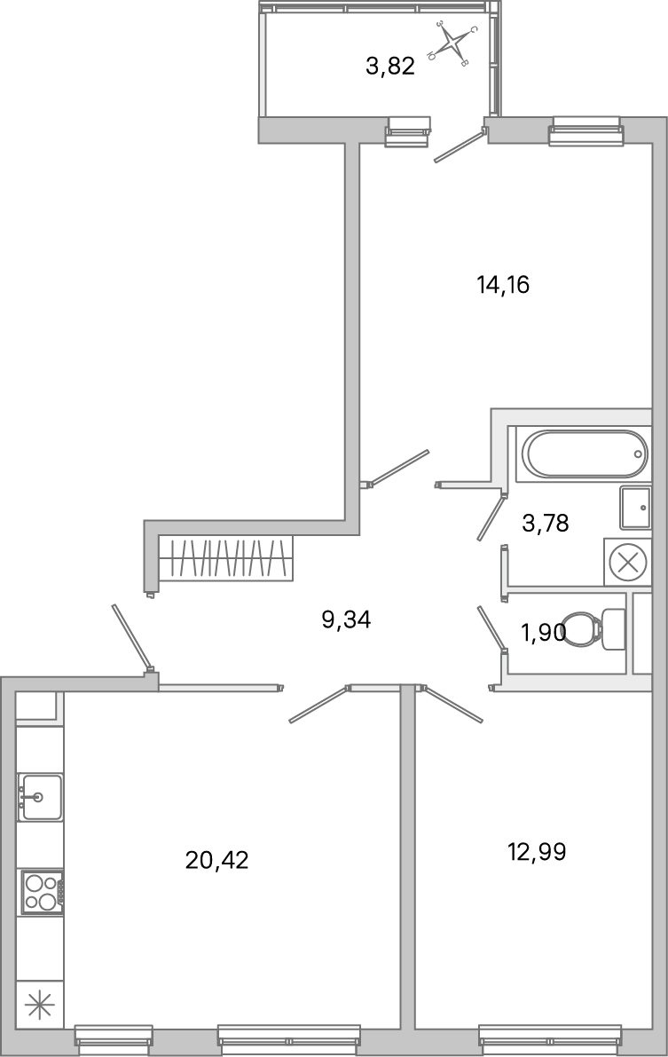 Планировка: 2-комнатная квартира, 62,6 м²
