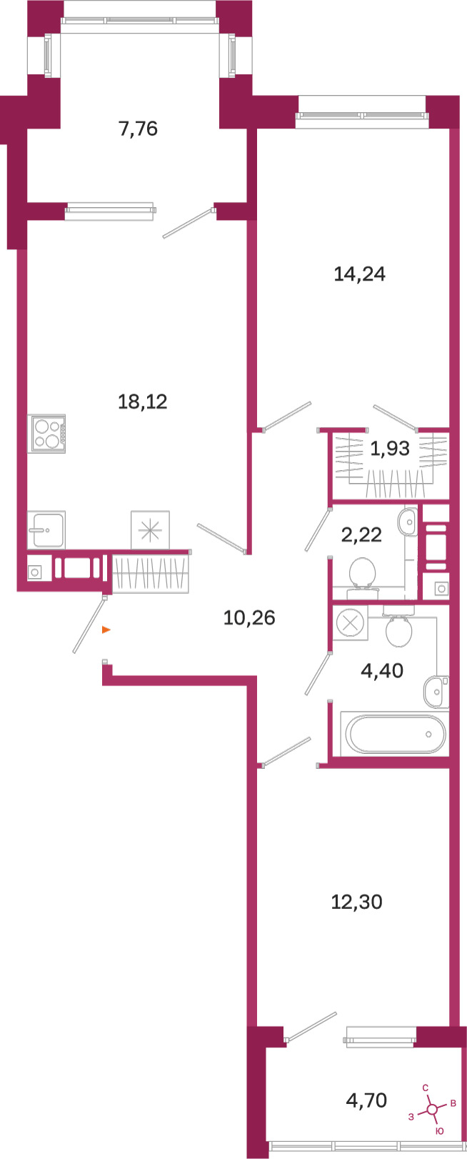 Планировка: 2-комнатная квартира, 63,5 м²