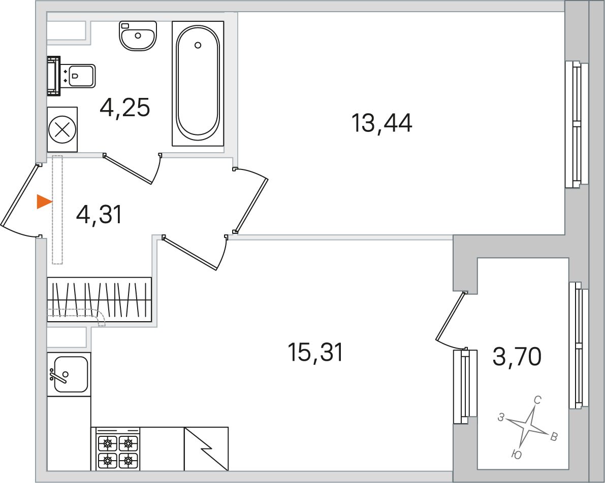 Планировка: 1-комнатная квартира, 37,3 м²