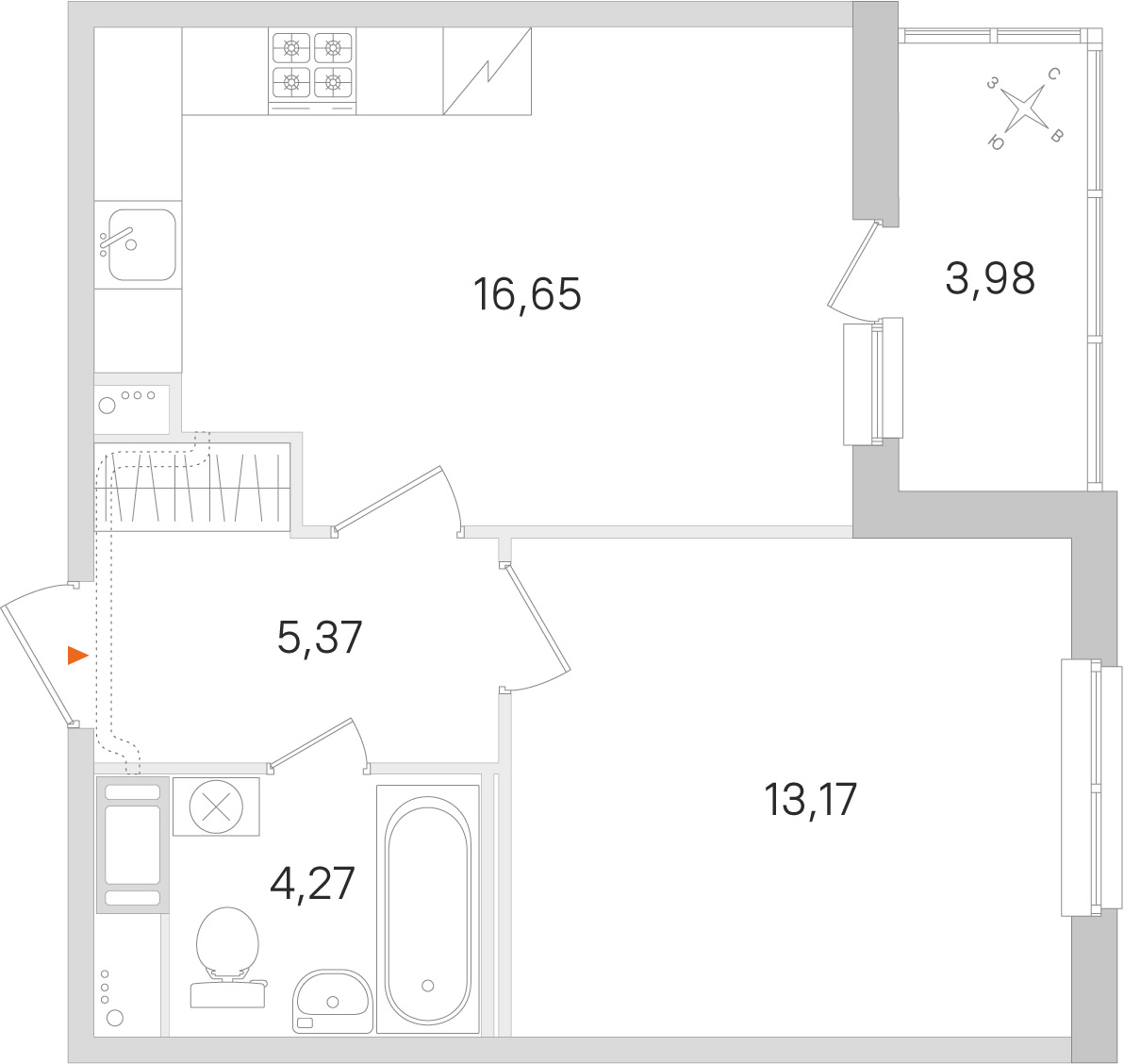 Планировка: 1-комнатная квартира, 39,5 м²