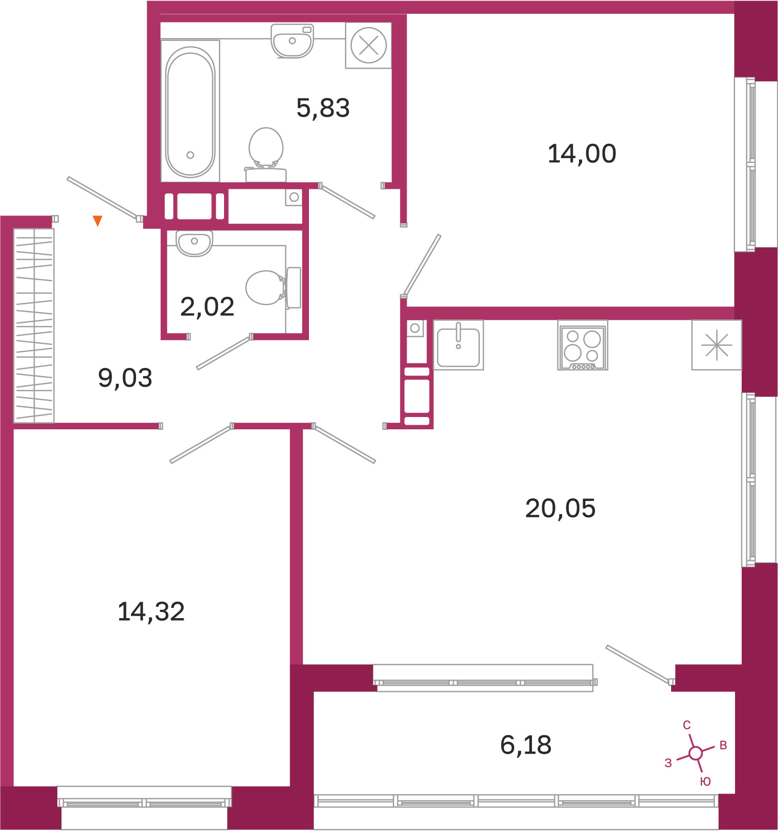 Планировка: 2-комнатная квартира, 65,3 м²