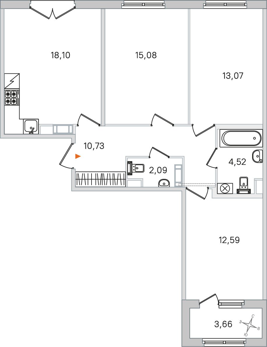Планировка: 3-комнатная квартира, 76,2 м²