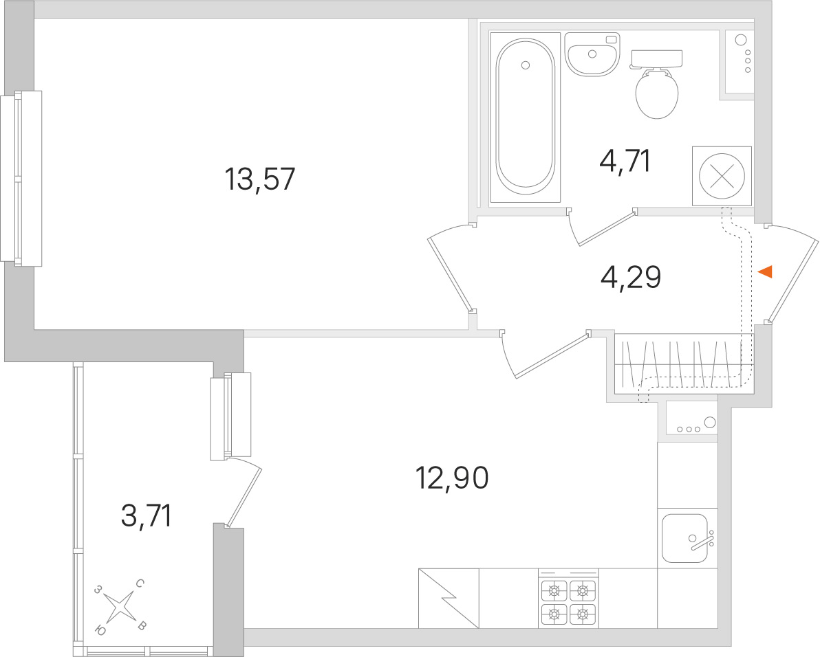 Планировка: 1-комнатная квартира, 35,5 м²